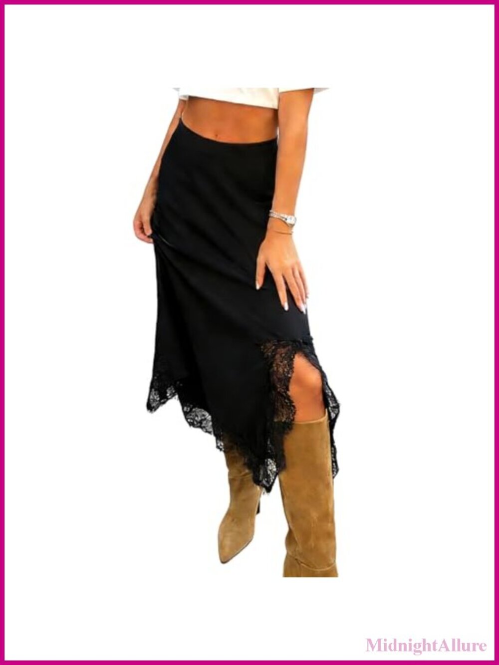 Women's Satin High Waisted Side Split Asymmetric Midi Skirt